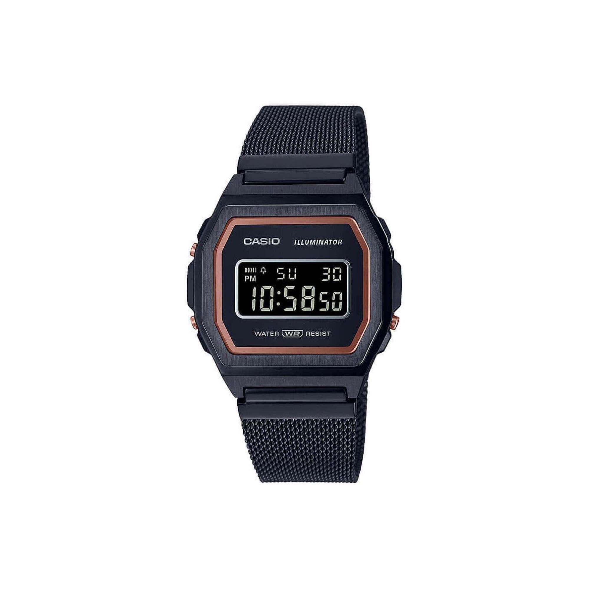 Casio Collection Vintage Digital Schwarzes Zifferblatt Schwarze Milanese Uhr A1000MB-1BEF