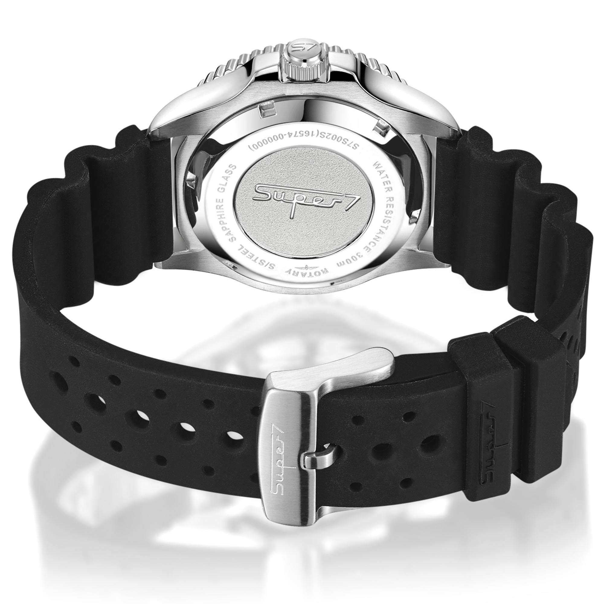 Rotary Super 7 SCUBA Automatik Schwarzes Zifferblatt Keramikkranz Silikonarmband Herren Taucheruhr S7S001S