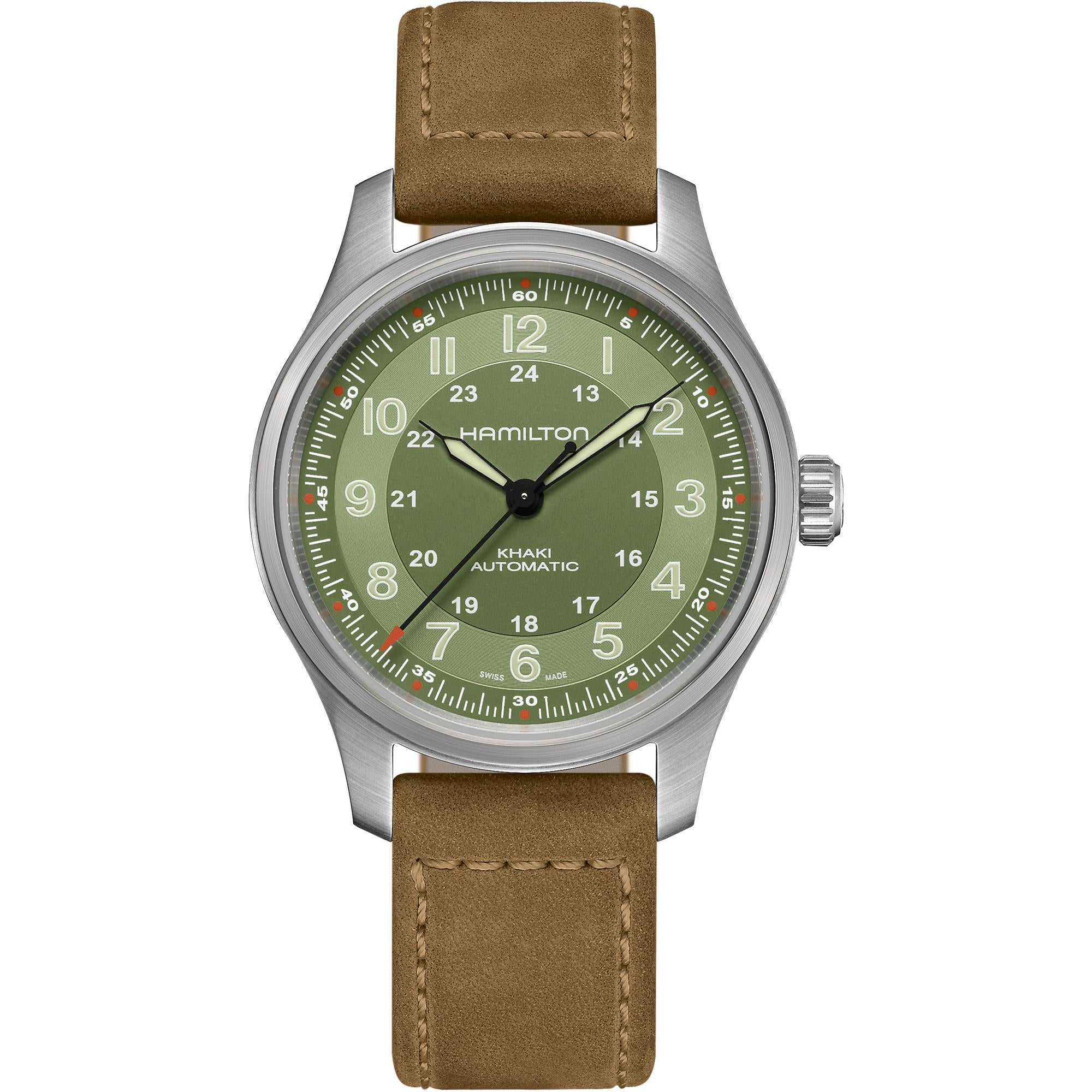 Hamilton Khaki Field 42mm Titanium green dial brown leather automatic watch H70545560 front view