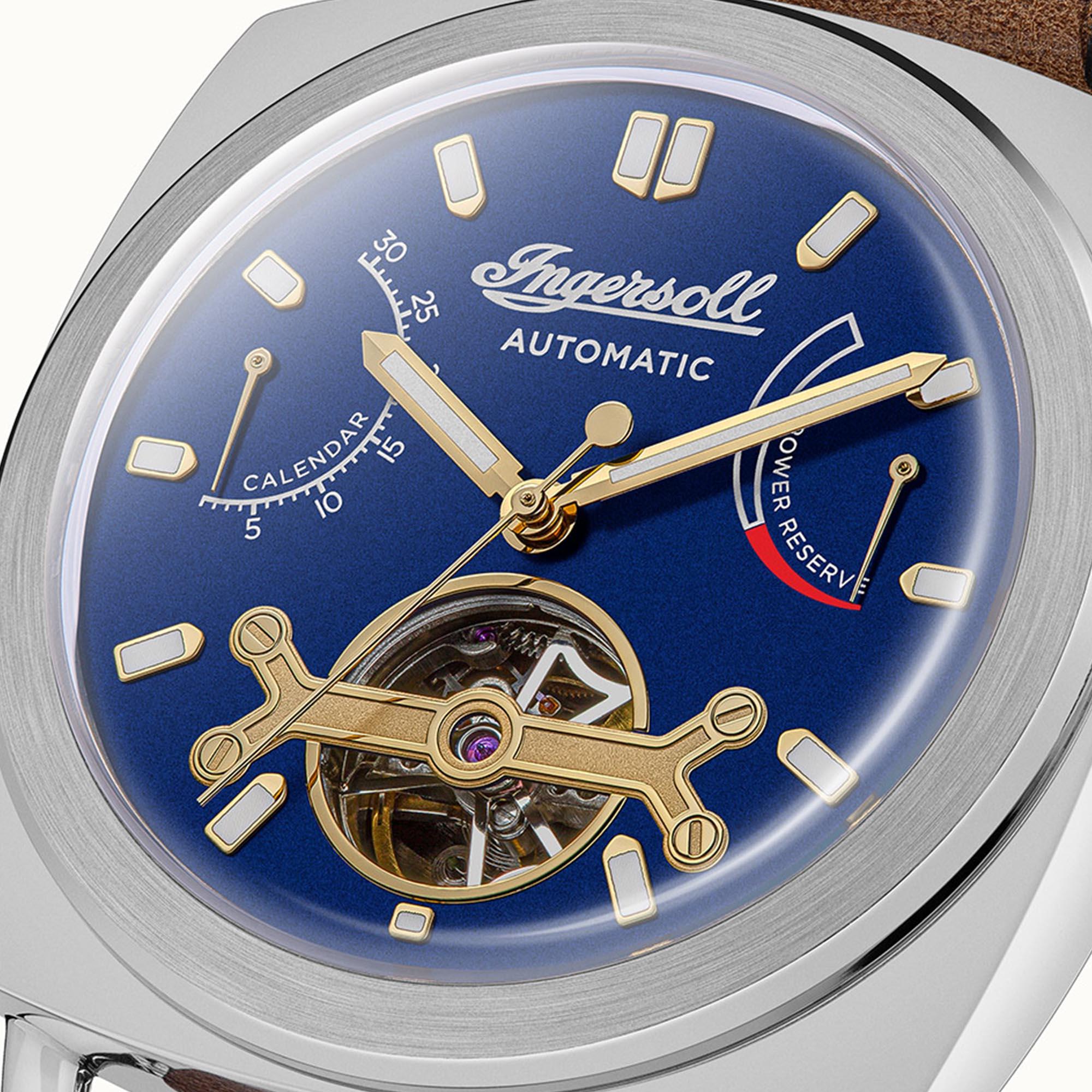 Ingersoll Die Nashville Automatik Blaues Zifferblatt Braunes Lederarmband Herren Uhr I13001