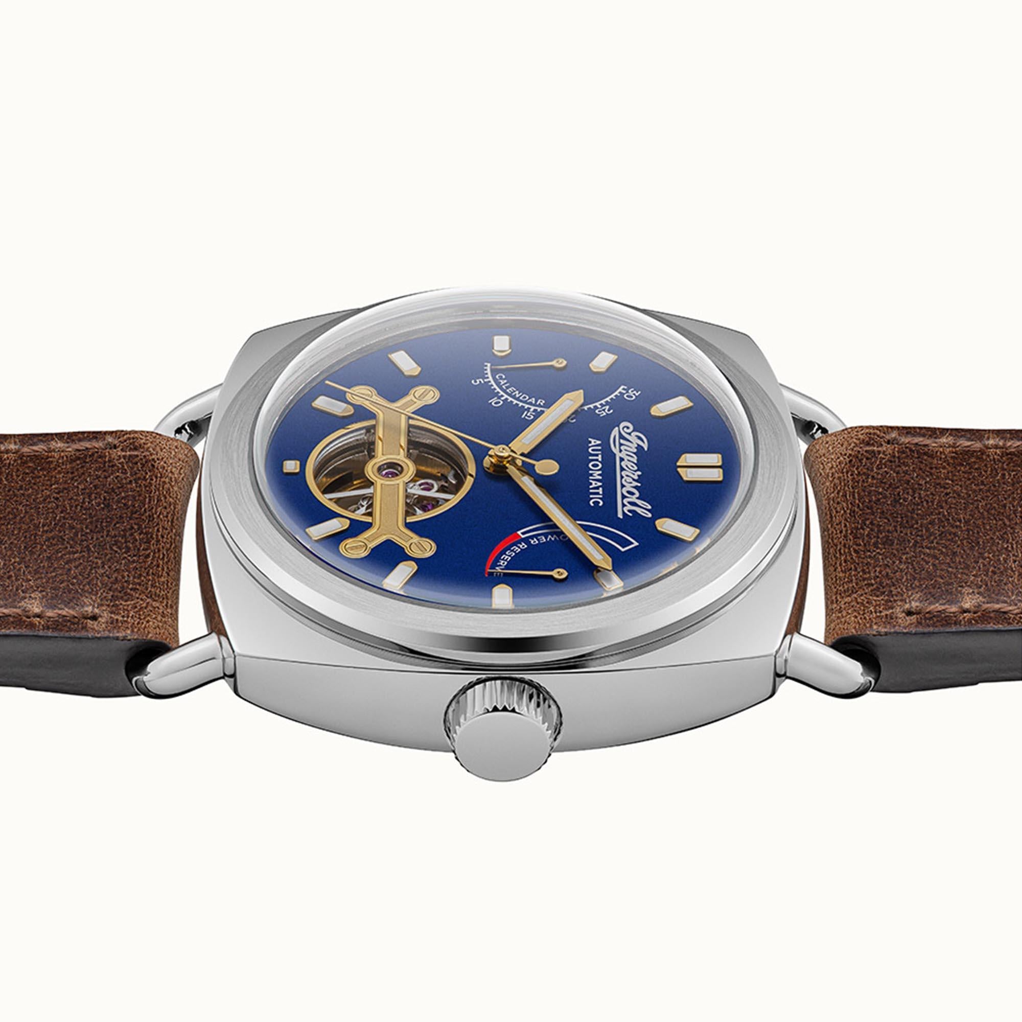Ingersoll Die Nashville Automatik Blaues Zifferblatt Braunes Lederarmband Herren Uhr I13001
