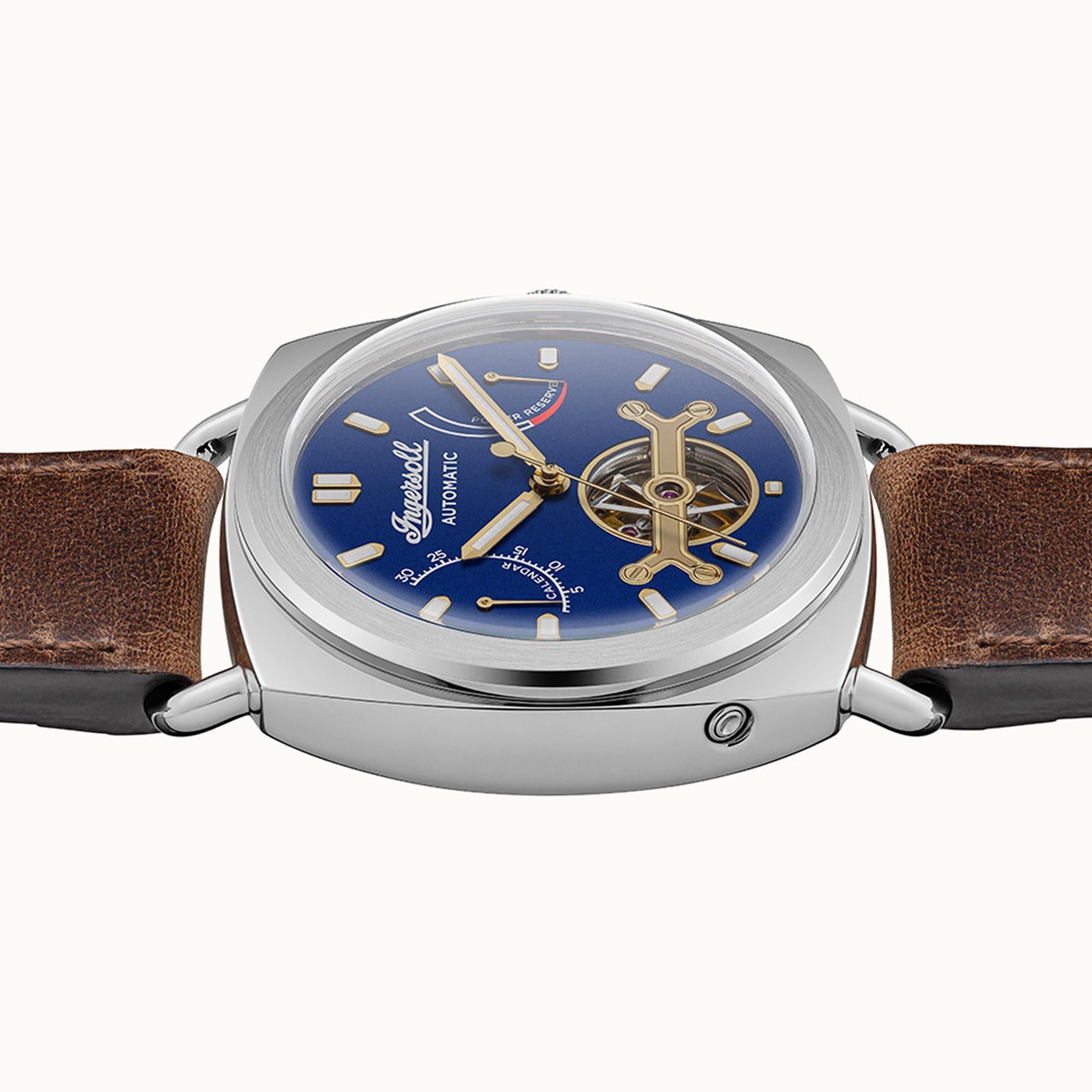 Ingersoll Die Nashville Automatik Blaues Zifferblatt Braunes Lederarmband Herren Uhr I13001