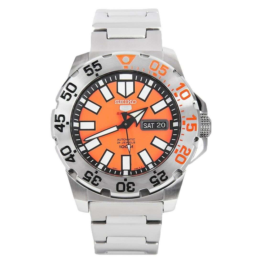Seiko 5 Sports Diver Baby Orange Monster Silber Edelstahl Oranges Zifferblatt Herren Uhr SRP483K1