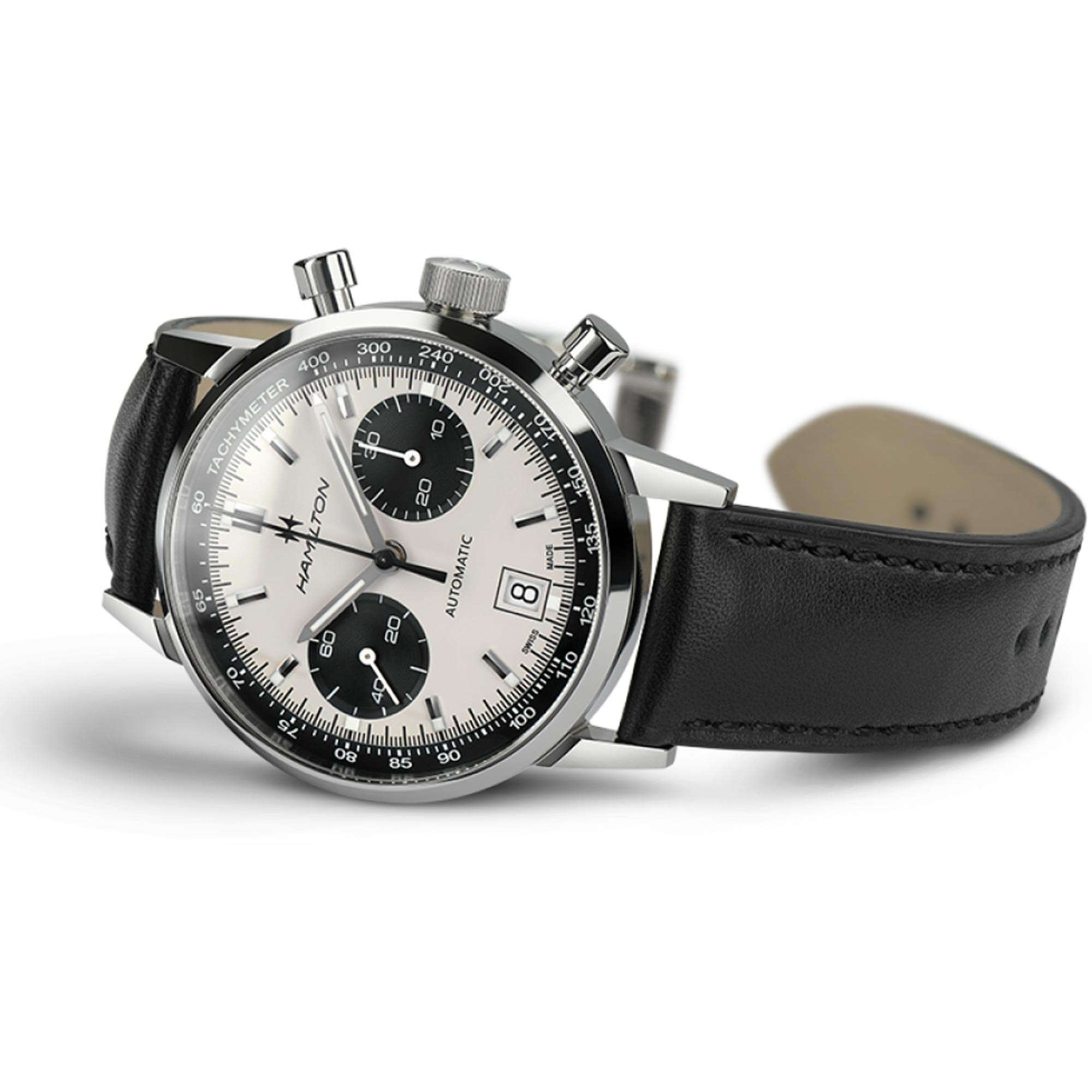 Hamilton automatic chronograph mens watch featuring silver dial, tachymeter bezel and date window