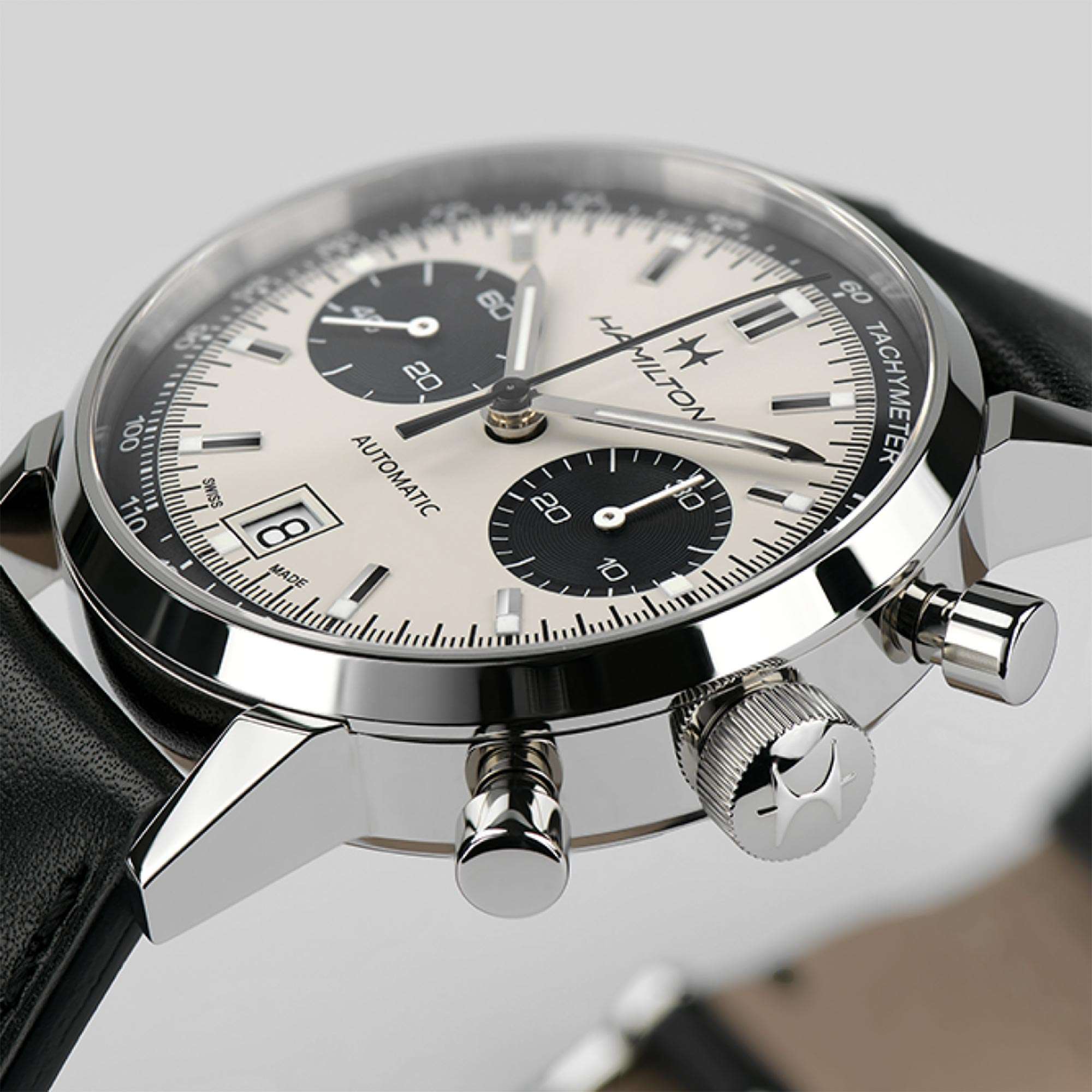 Close-up of Hamilton American Classic white dial with chronograph sub-dials and tachymeter