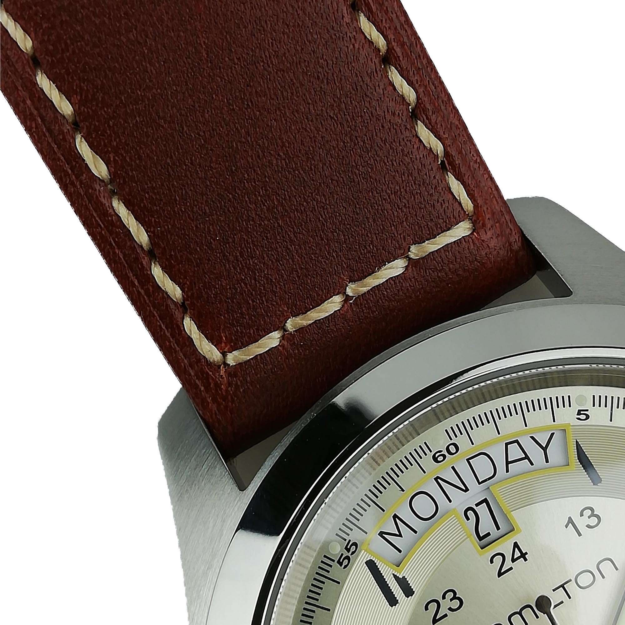 Hamilton Khaki Field H64455523 brown leather strap with contrast stitching detail