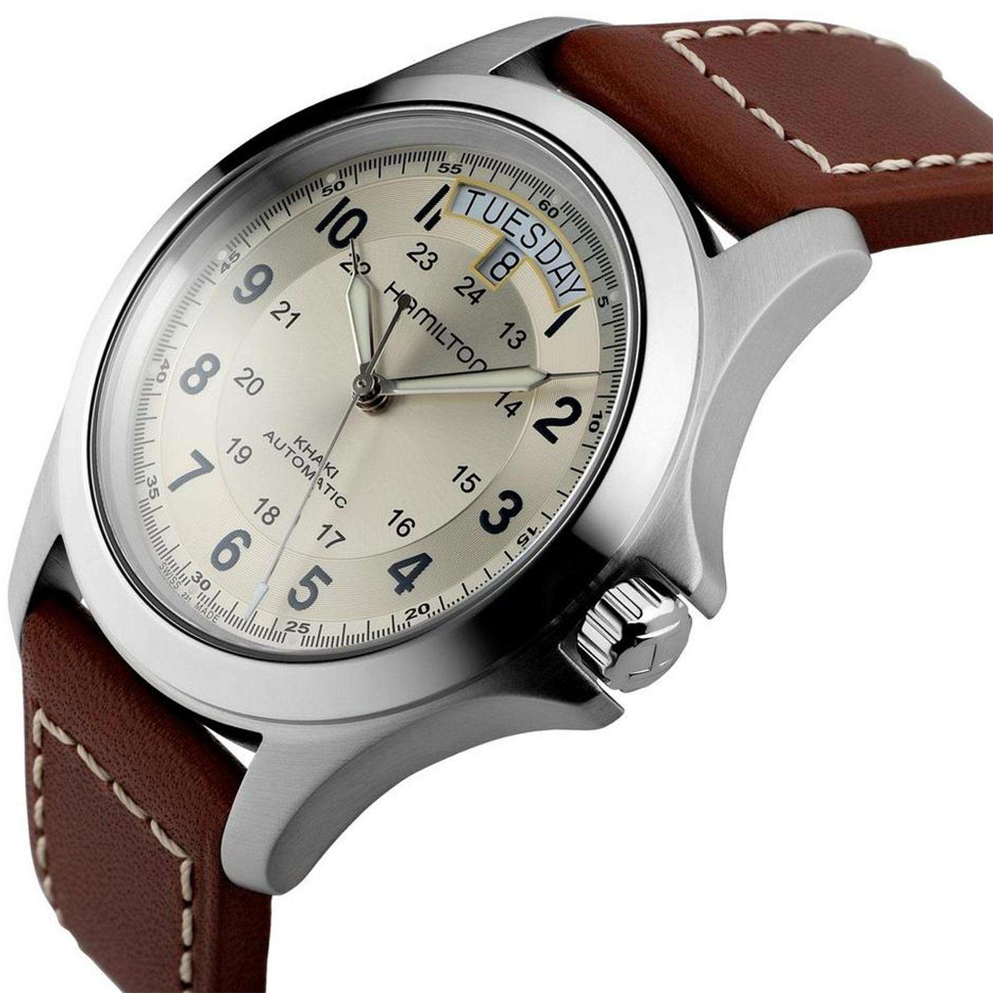 Hamilton Khaki Field H64455523 beige case with crown guard side profile