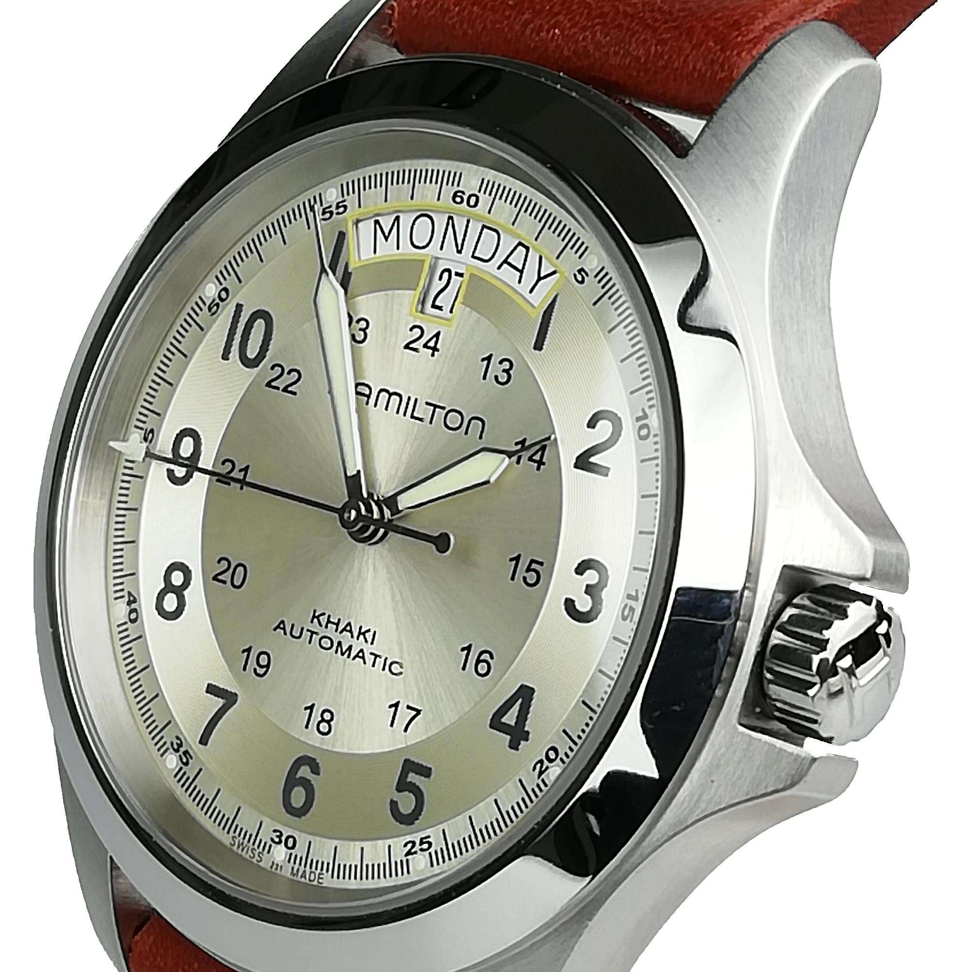 Hamilton Khaki Field H64455523 40mm brushed case with crown guard side profile