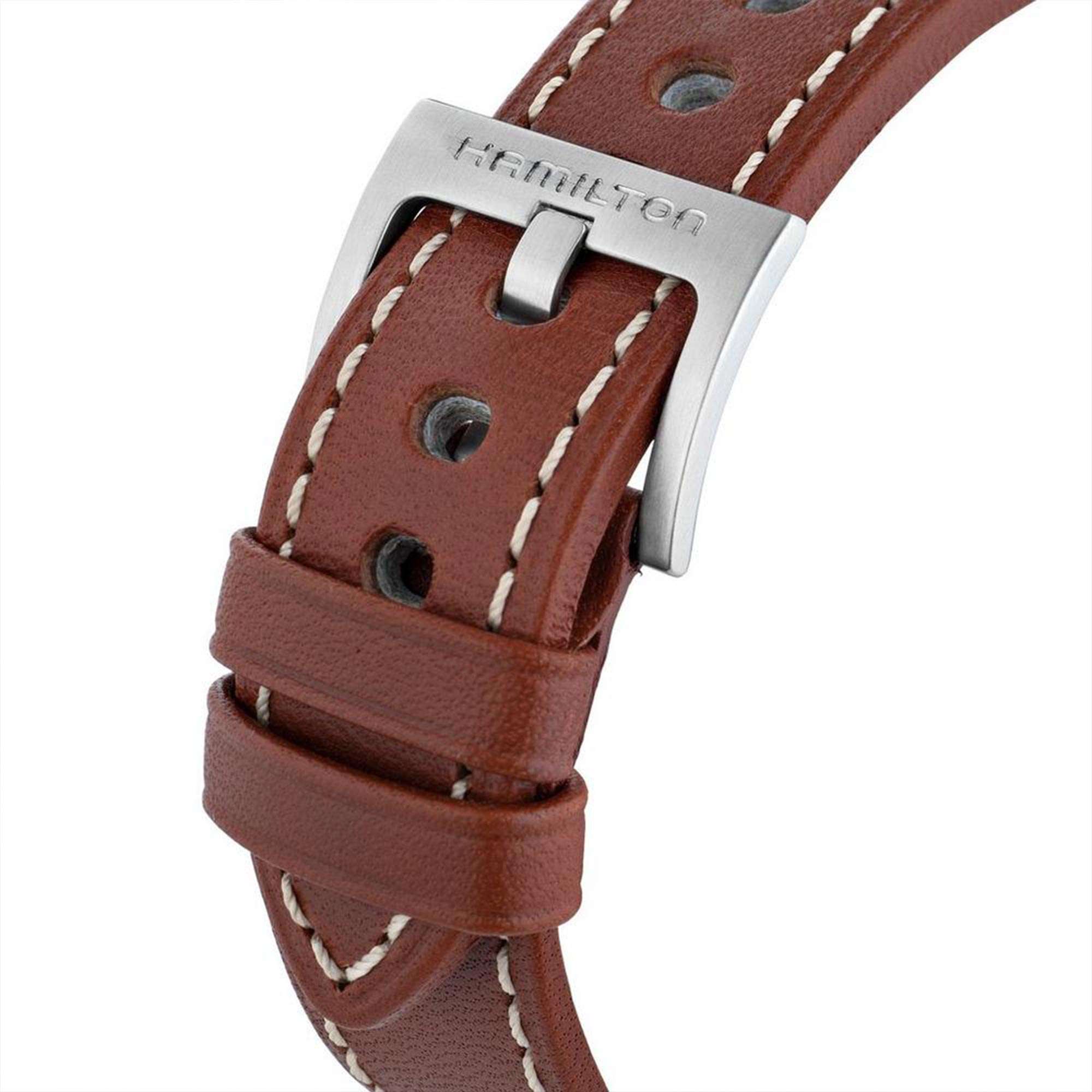Hamilton Khaki Field H64455523 brown leather strap and buckel detail