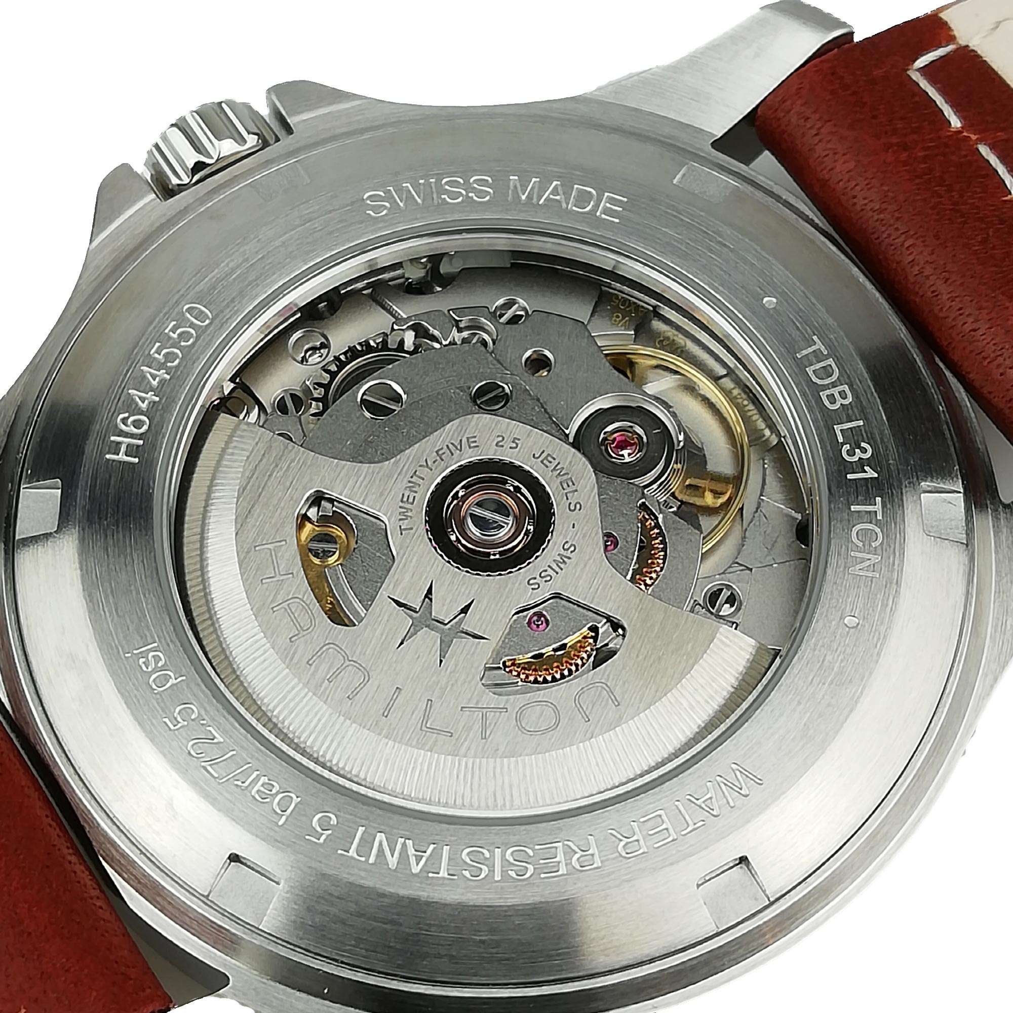 Hamilton Khaki Field H64455523 skeleton screw-down caseback revealing H-40 movement