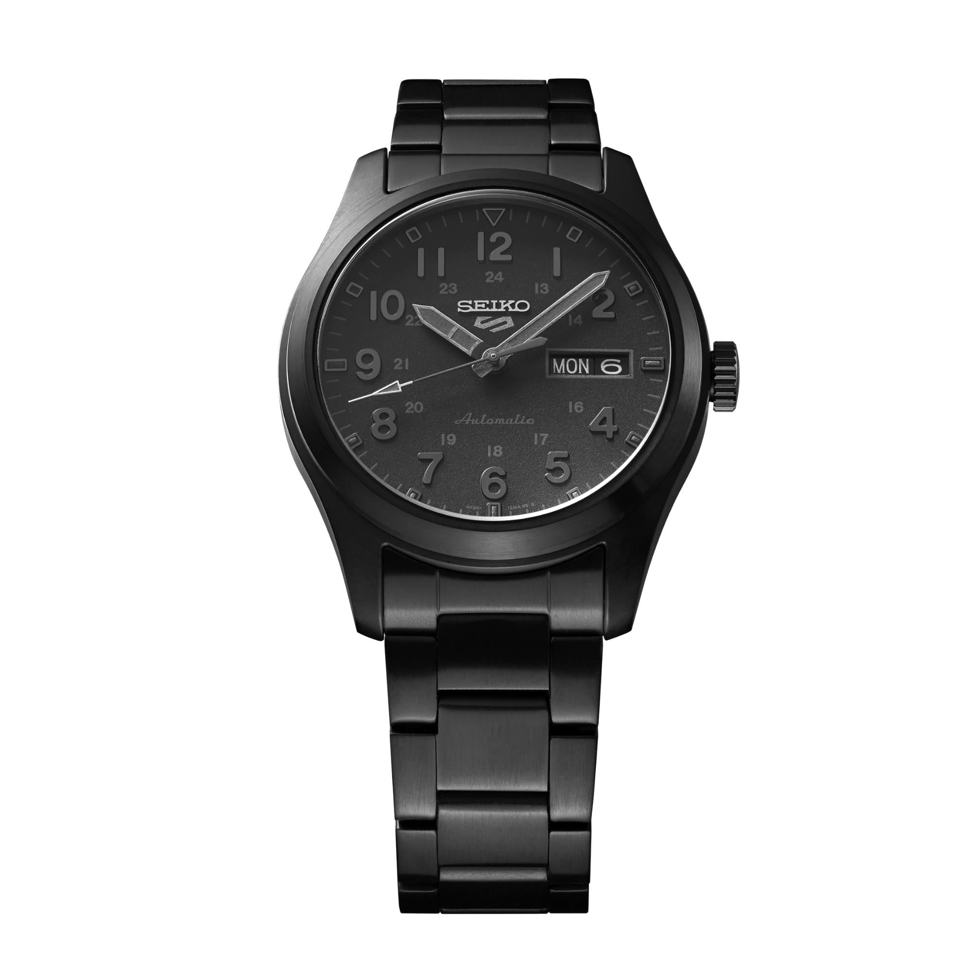 Seiko 5 Sports Field Militär 'Stealth' Automatik Schwarzes Zifferblatt Schwarze PVD Herren Uhr SRPJ09K1