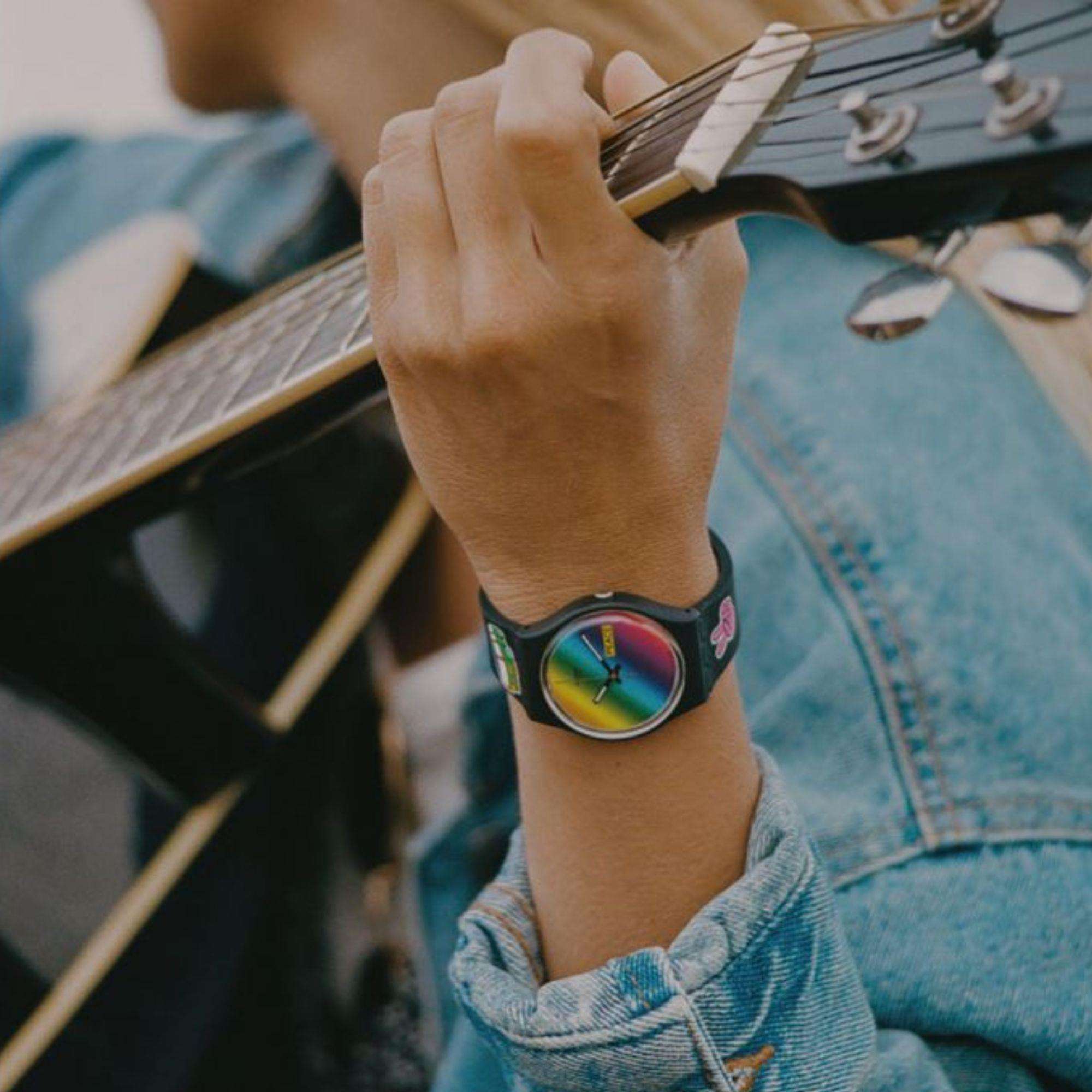 Swatch Gent Bioceramic Go With The Bow Quartz Multi-Coloured Dial Black Silicone Watch SO31B101