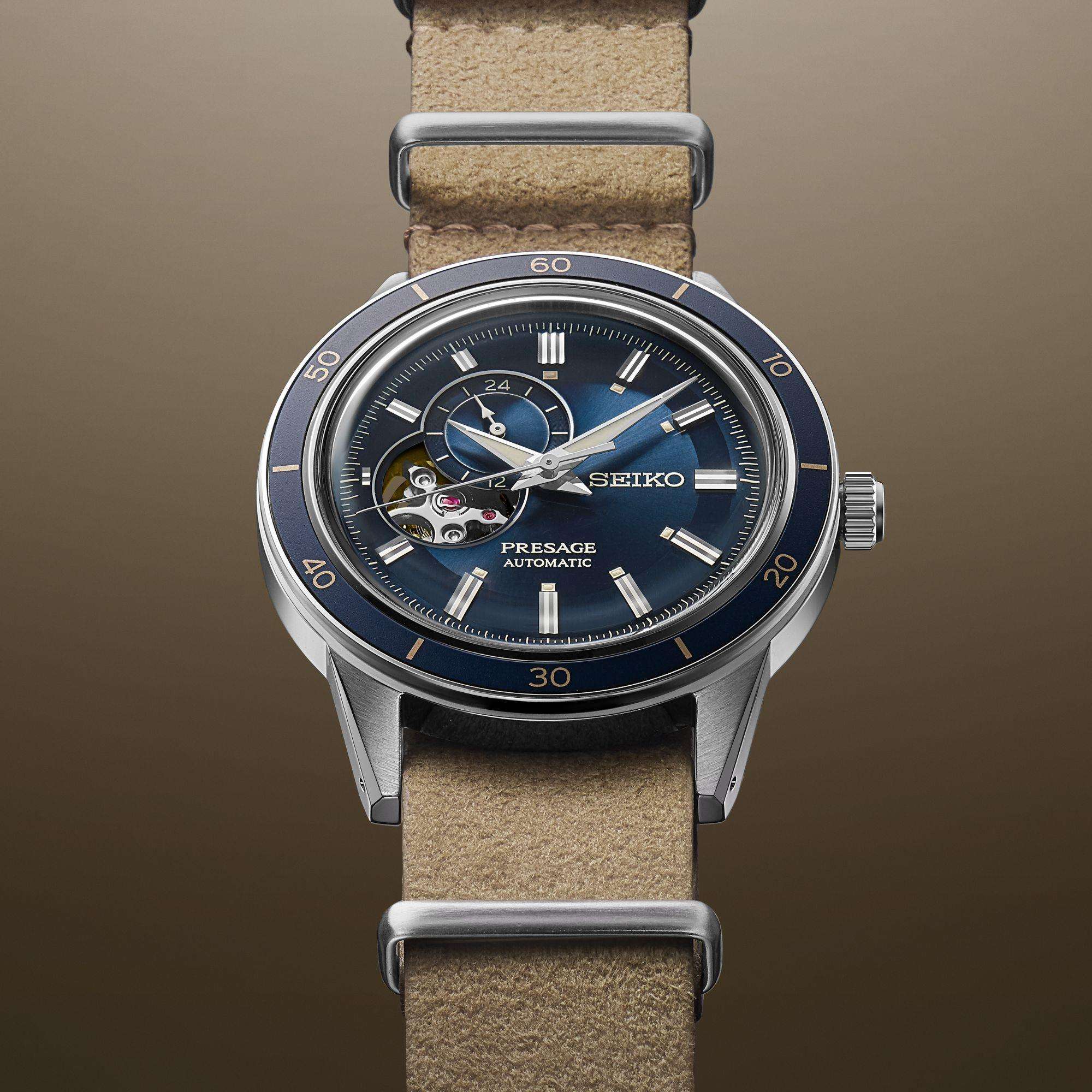 Seiko Presage Style 60s Automatik Blaues Zifferblatt Beiges Lederarmband Herren Uhr SSA453J1