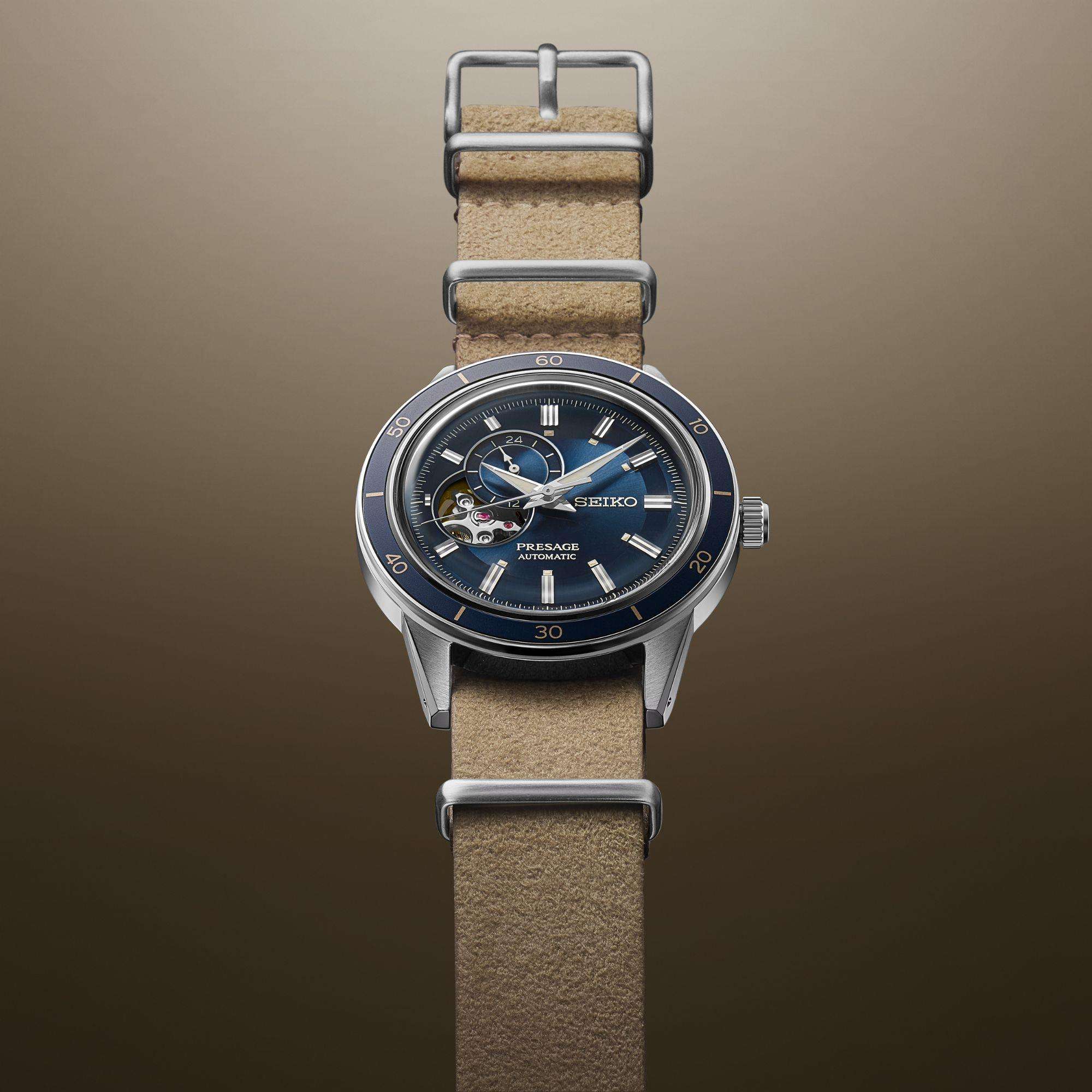 Seiko Presage Style 60s Automatik Blaues Zifferblatt Beiges Lederarmband Herren Uhr SSA453J1