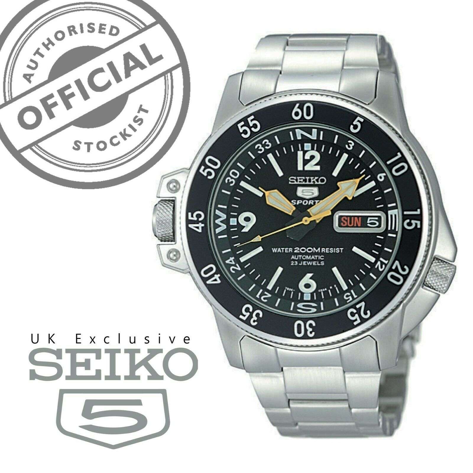 Seiko 5 Sports Land Shark Atlas Automatik Schwarzes Zifferblatt Stahl Herren Uhr SKZ211K1