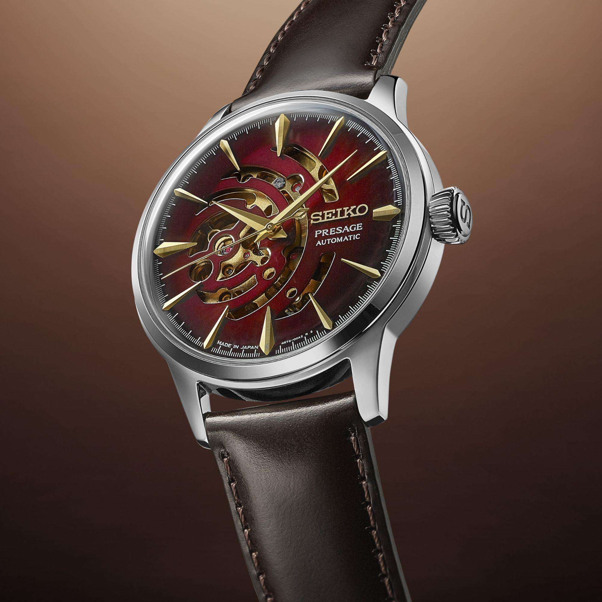 Seiko Presage Cocktail Time Star Bar 'Red Brick' Automatic Red Dial Black Leather Strap Limited Edition Men’s Watch SSA457J1