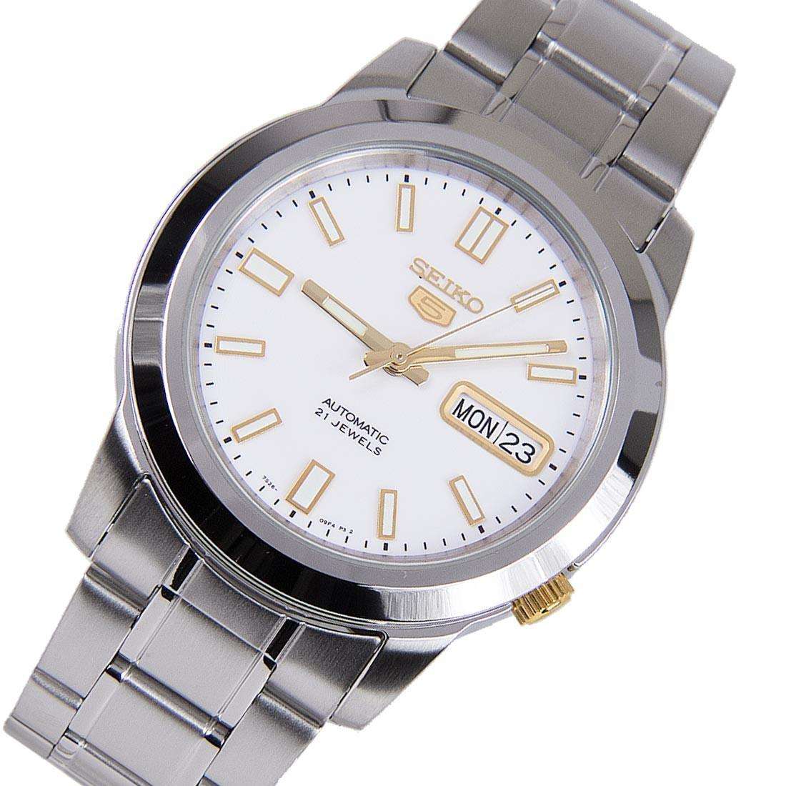 Seiko 5 Automatik Weißes Zifferblatt Edelstahlband Herren Uhr SNKK07K1