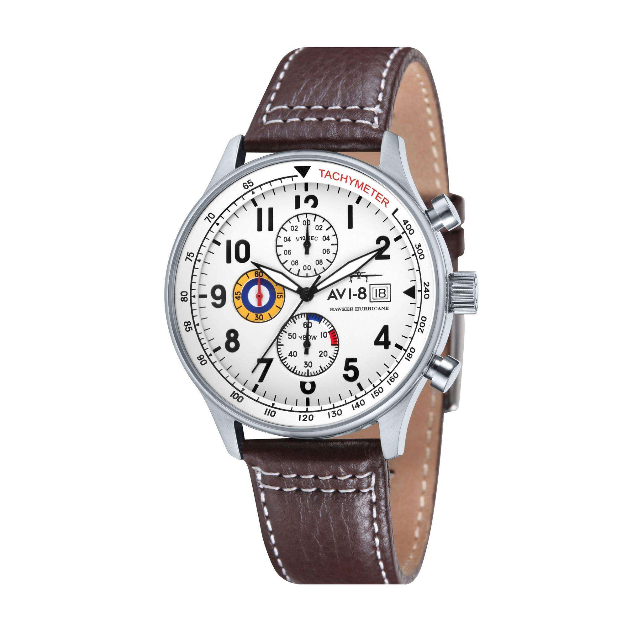 Die AVI-8 Hawker Hurricane Classic Chronograph Uhr mit weißem Zifferblatt und braunem Lederarmband für Herren AV-4011-01