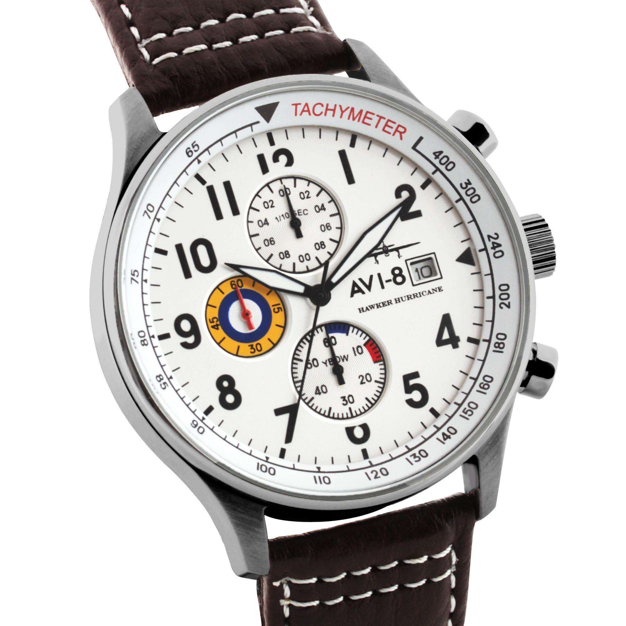 Die AVI-8 Hawker Hurricane Classic Chronograph Uhr mit weißem Zifferblatt und braunem Lederarmband für Herren AV-4011-01