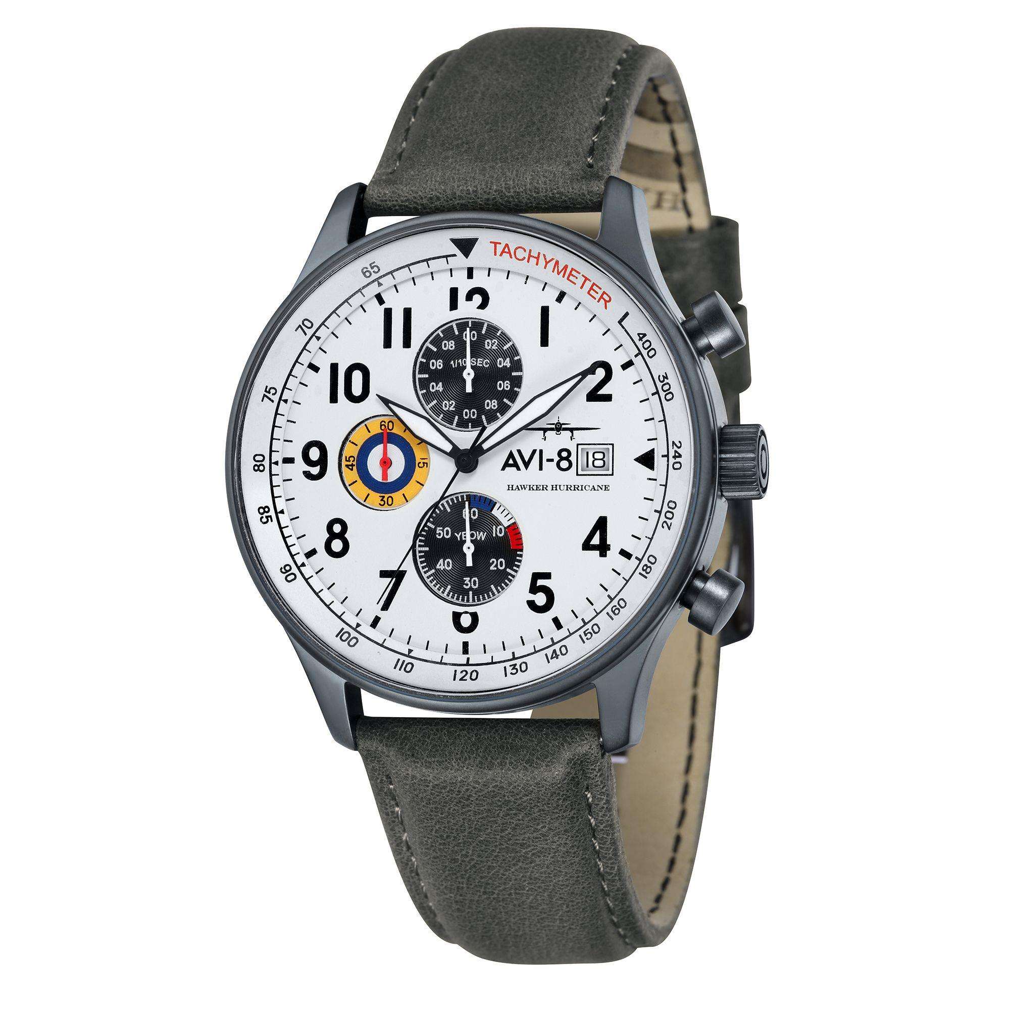 Die AVI-8 Hawker Hurricane Classic Chronograph Uhr mit weißem Zifferblatt und grauem Lederarmband für Herren AV-4011-0B