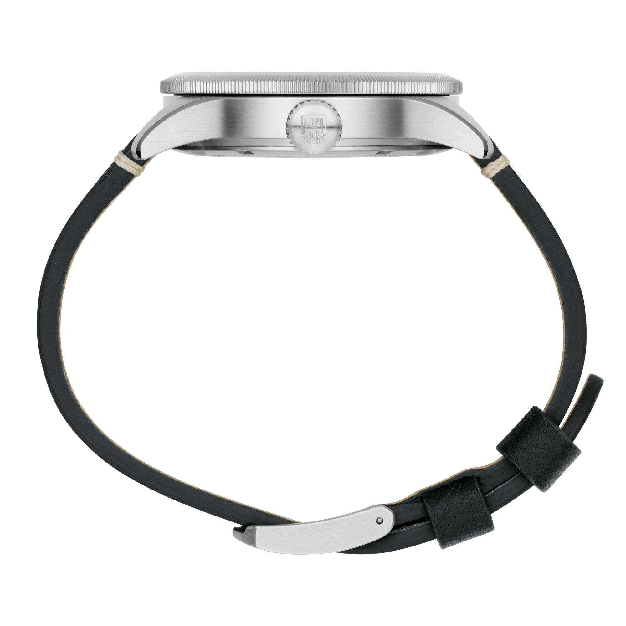 Luminox P-38 side profile Lightning Mens Watch XA.9527, showcasing its stainless steel case, textured crown, and black leather strap.