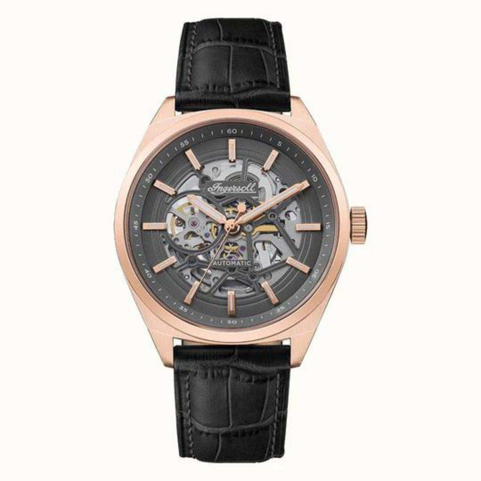 Ingersoll 1892 The Shelby Automatische Herrenarmbanduhr mit Grauem Zifferblatt und Schwarzem Lederarmband - I12002