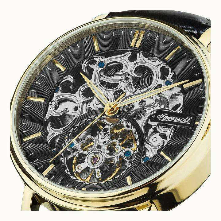 Ingersoll 1892 The Charles Automatische Herrenarmbanduhr mit Schwarzem Zifferblatt und Schwarzem Lederarmband - I05802B