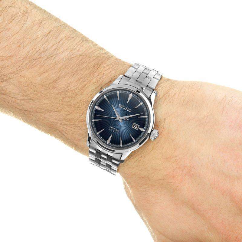 Seiko Presage Cocktail Time Blue Moon Automatik Blauer Zifferblatt Silber Edelstahl Herren Uhr SRPB41J1