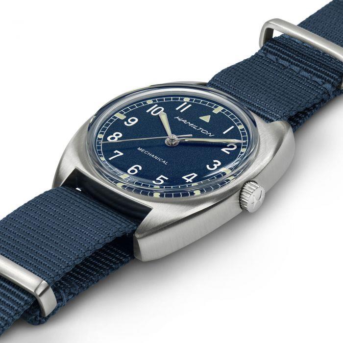Hamilton Khaki Aviation 36mm Pilot Pioneer watch with a blue dial and blue NATO strap