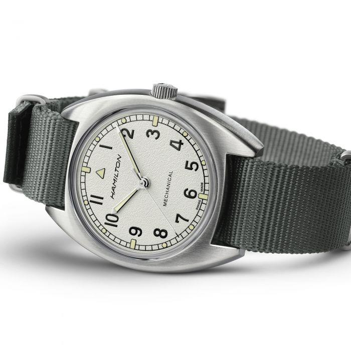 Hamilton Khaki Aviation 36mm Pilot Pioneer silver dial grey NATO mechanical watch H76419951