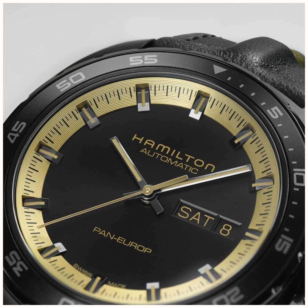 Hamilton American Classic 42mm Pan Europ Tag Datum Schwarzes Zifferblatt Leder Herren Automatik Uhr H35425730