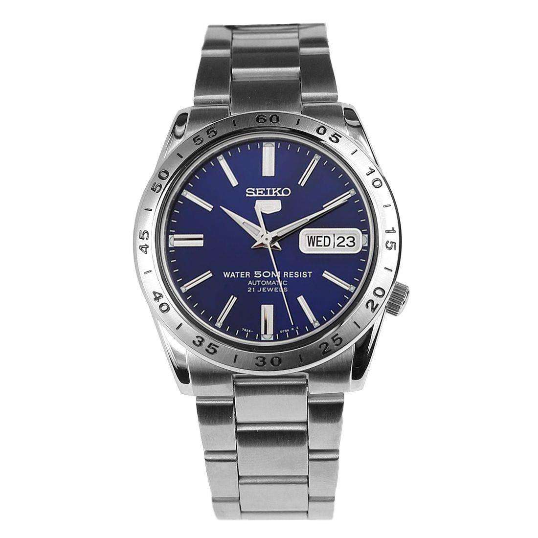 Seiko 5 Automatic SNKD99K1 blue dial stainless steel men's watch full front view with day-date window