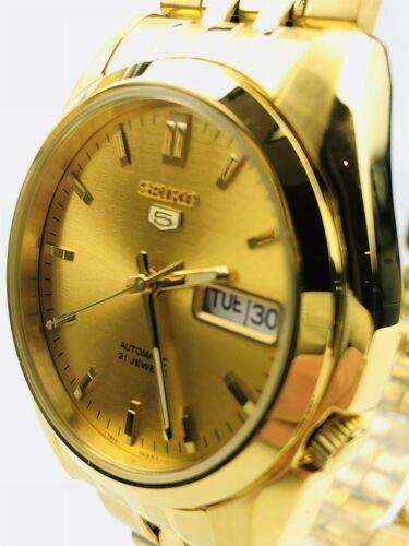 Seiko 5 automatic gold dial gold PVD stainless steel watch SNK366K1 close-up