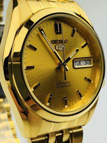 Seiko 5 automatic gold dial gold PVD stainless steel watch SNK366K1 close-up