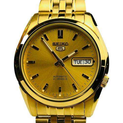 Seiko 5 automatic gold dial gold PVD stainless steel watch SNK366K1 close-up