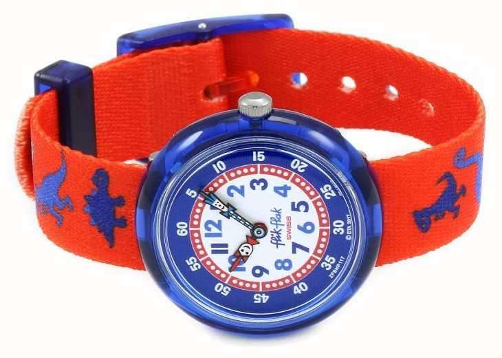 Flik Flak Dinosauritos Quarz Zweifarbiges Zifferblatt Rotes Textil Armband Kinder Uhr FBNP117