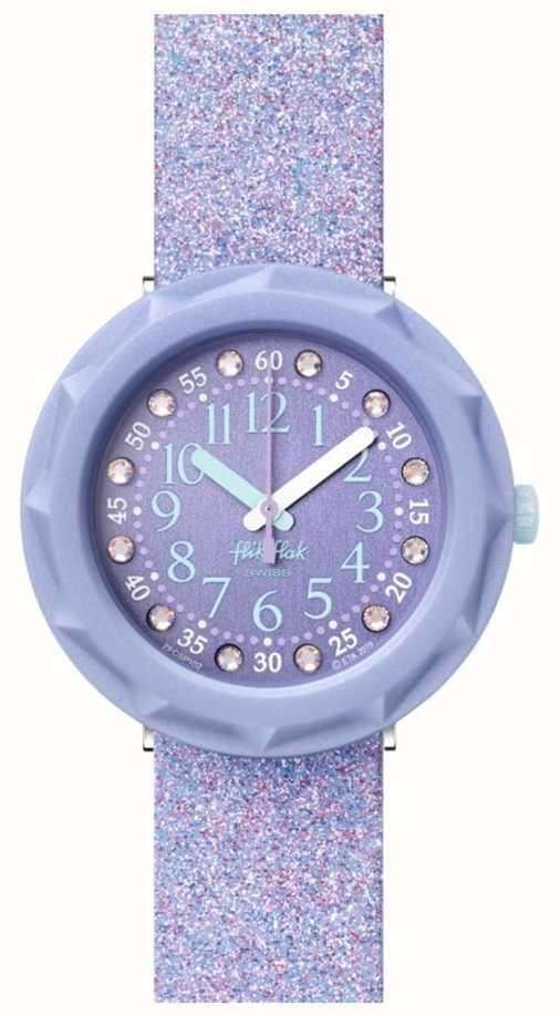Flik Flak Shine Bright Lilaxus Quarz Bewegung Lila Zifferblatt Silikonarmband Mädchen Uhr FCSP102