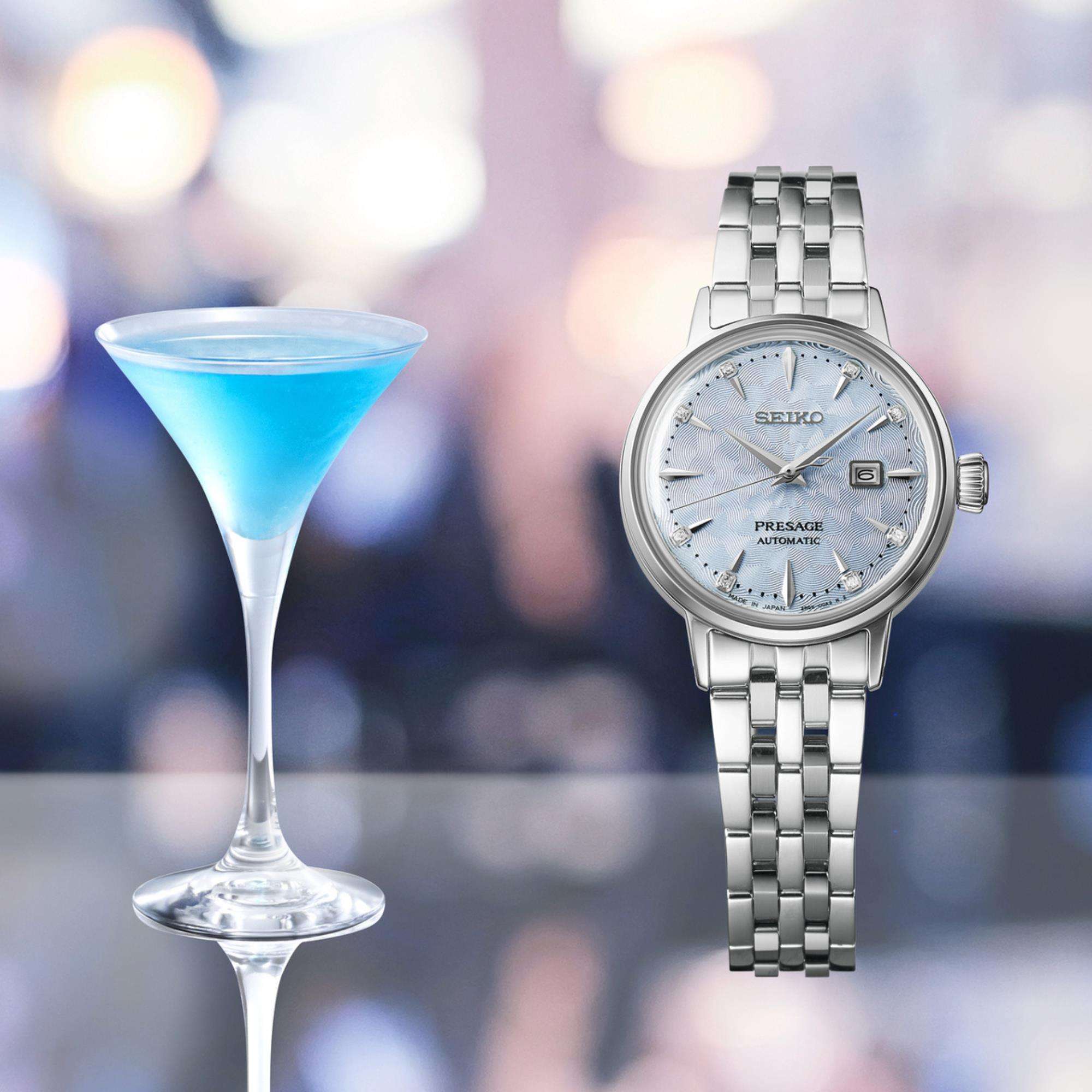 Seiko Presage Cocktail Time Skydiving Diamond Twist Automatik Blaues Zifferblatt Damen Uhr SRE007J1
