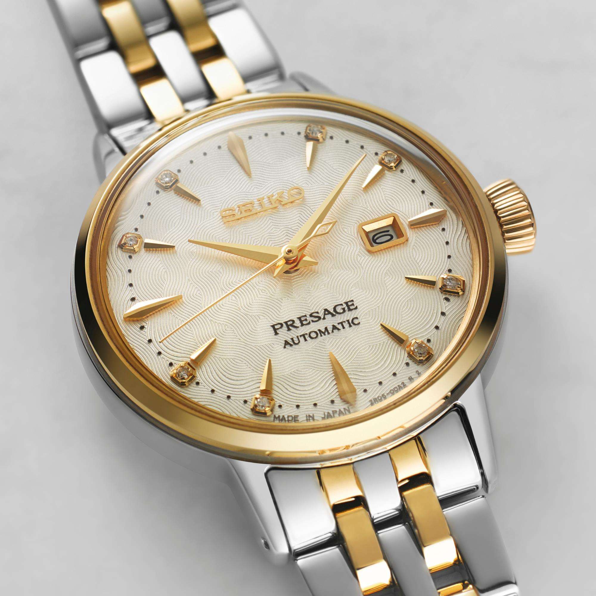 Seiko Presage Cocktail Time ‘White Lady’ Diamond Twist Creme Zifferblatt Damen Uhr SRE010J1
