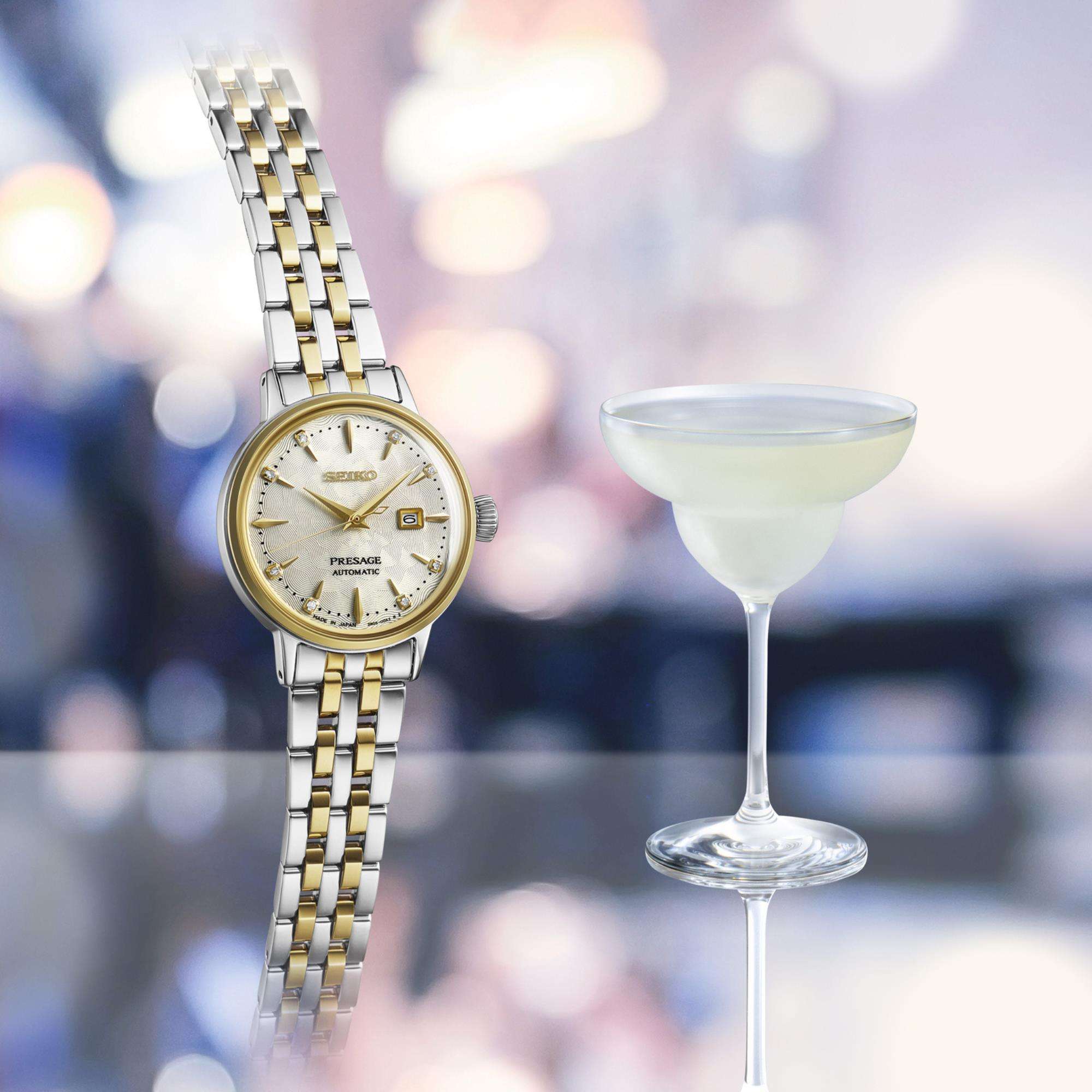 Seiko Presage Cocktail Time ‘White Lady’ Diamond Twist Creme Zifferblatt Damen Uhr SRE010J1