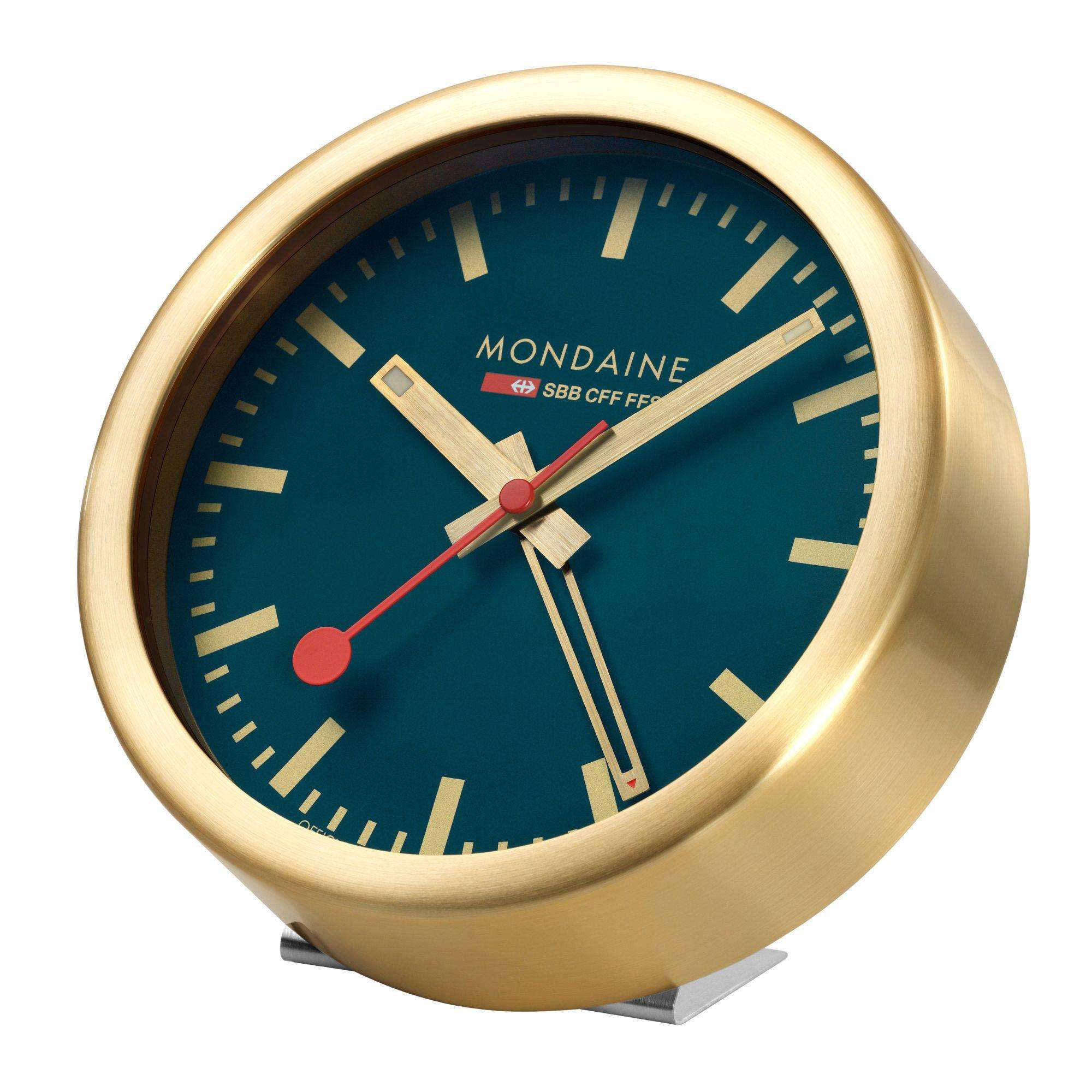 Mondaine Goldfarbener Gehäuse Deep Ocean Blauer Tisch- und Wecker Uhr Blaues Zifferblatt A997.MCAL.46SBG