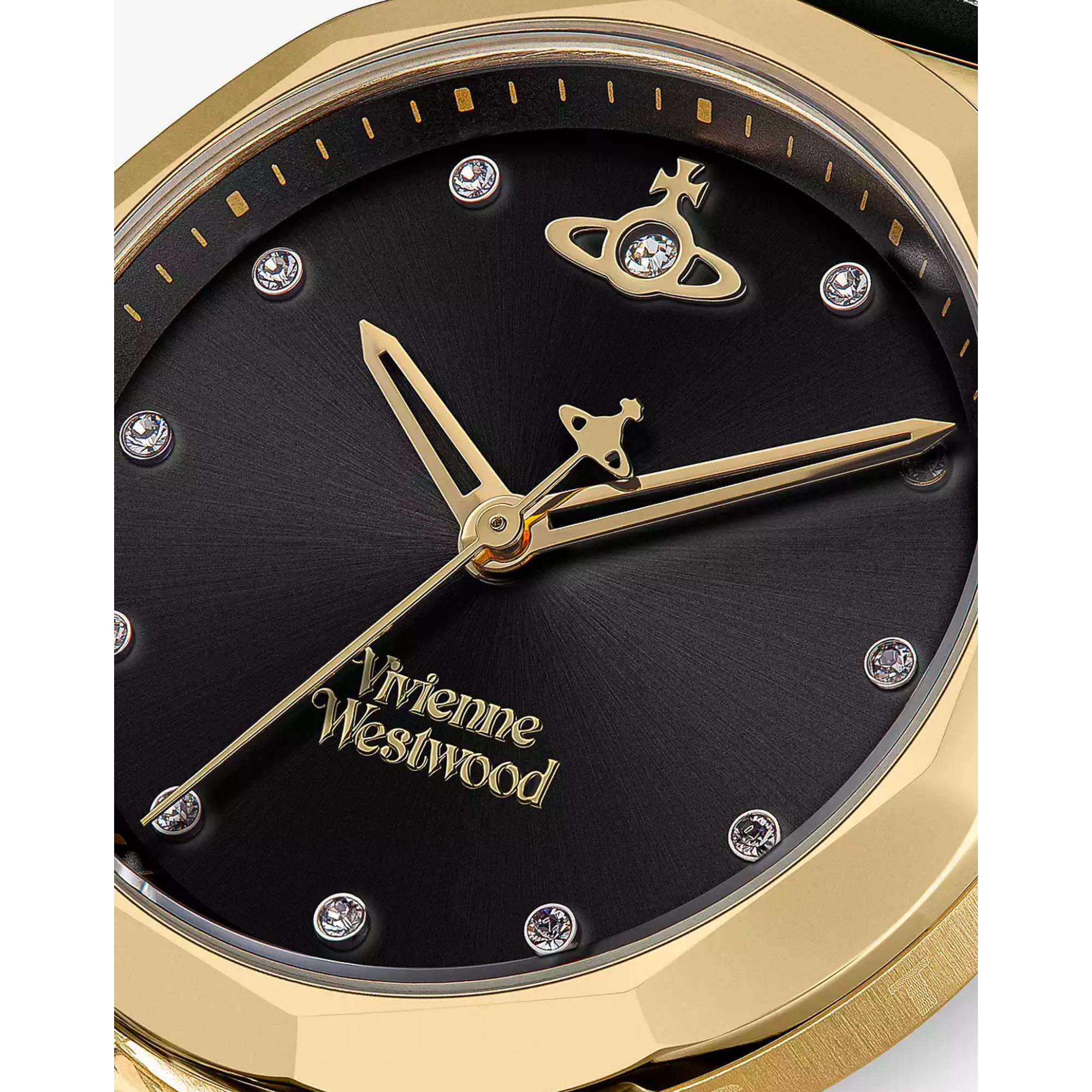 Vivienne Westwood Poplar Schwarzes Zifferblatt Schwarzes Lederarmband Damenuhr VV246BKBK