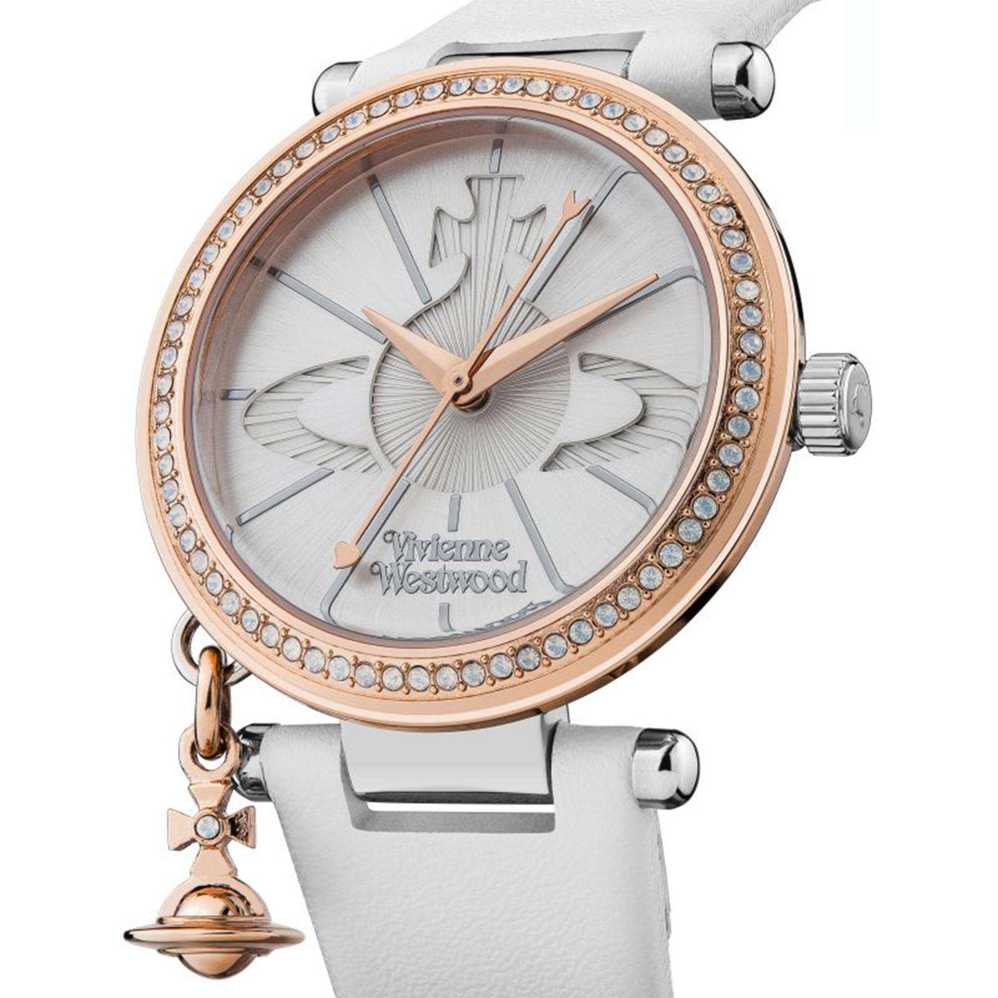 Vivienne Westwood VV006RSWH silver orb-pattern dial with crystal-embellished bezel close-up