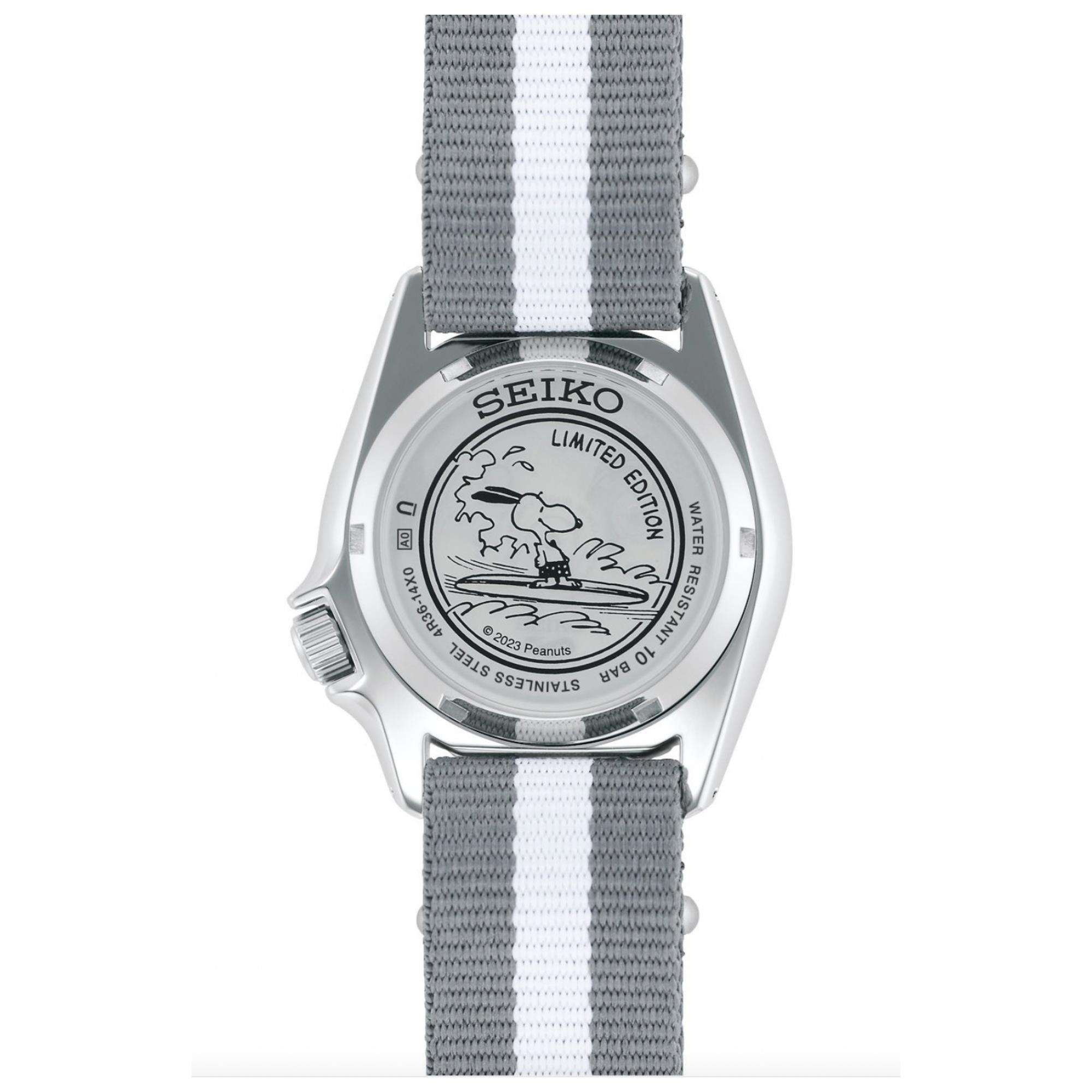 Seiko 5 Sports X Peanuts Surfbrett Limited Edition Automatik Weißes Zifferblatt Uhr SRPK25K1