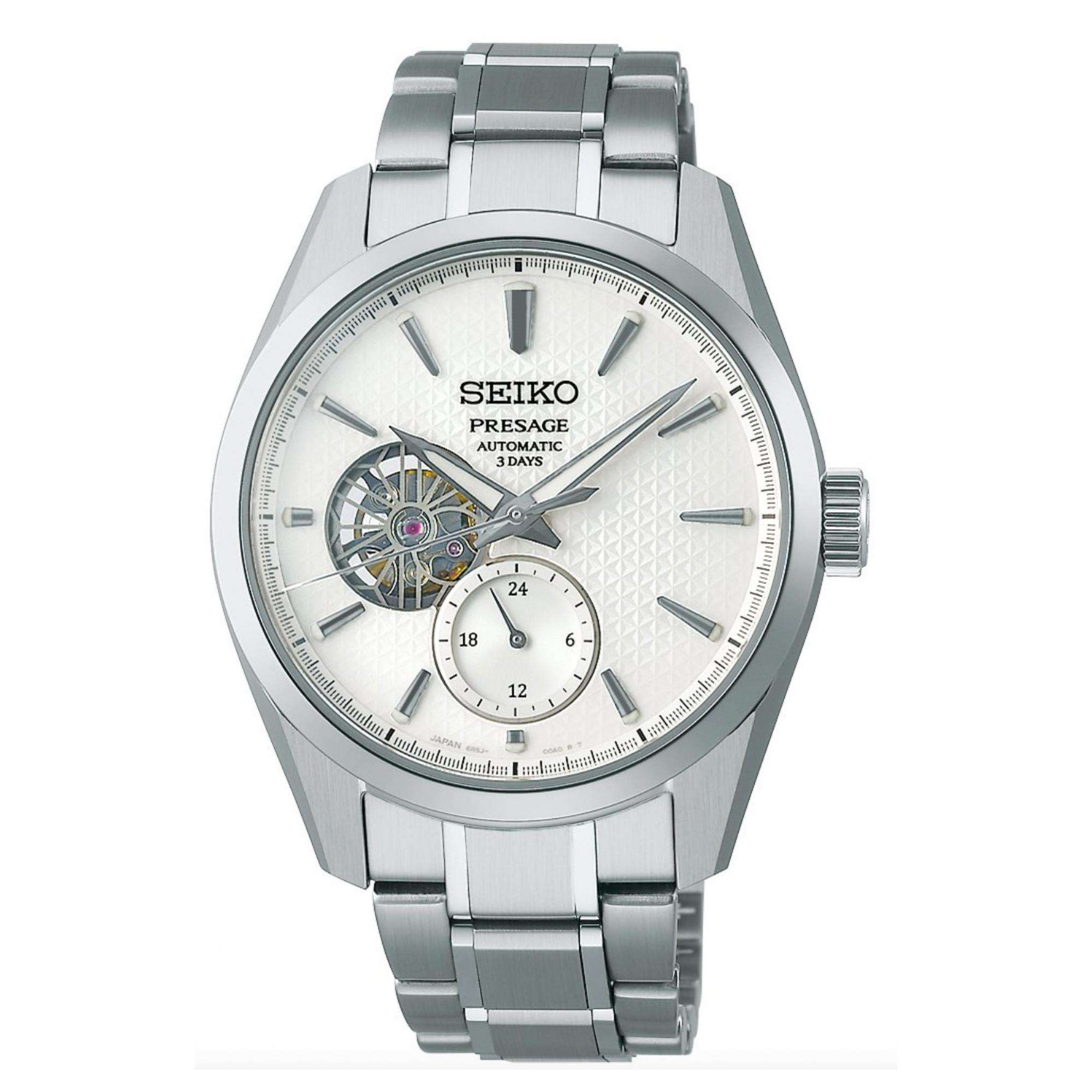 Seiko Presage Shiro Sharp-Edged Open Heart Automatik 3 Tage Weißes Zifferblatt Herren Uhr SPB415J1