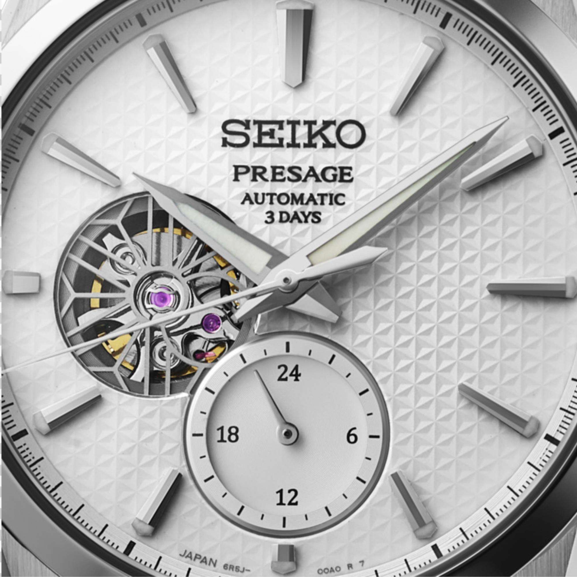 Seiko Presage Shiro Sharp-Edged Open Heart Automatik 3 Tage Weißes Zifferblatt Herren Uhr SPB415J1