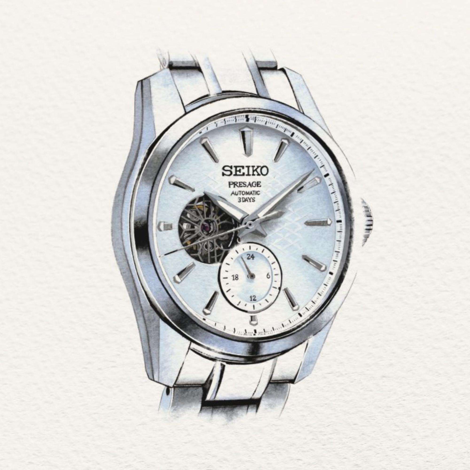 Seiko Presage Shiro Sharp-Edged Open Heart Automatik 3 Tage Weißes Zifferblatt Herren Uhr SPB415J1