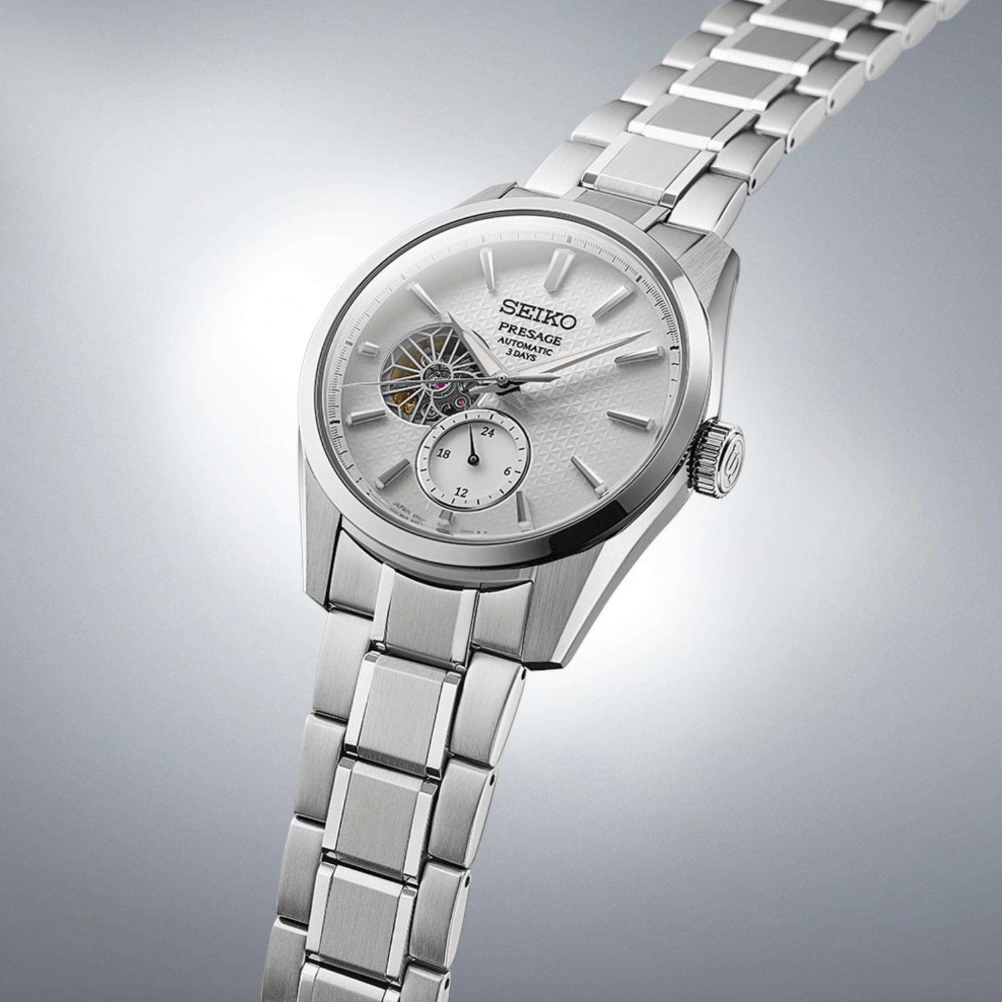 Seiko Presage Shiro Sharp-Edged Open Heart Automatik 3 Tage Weißes Zifferblatt Herren Uhr SPB415J1