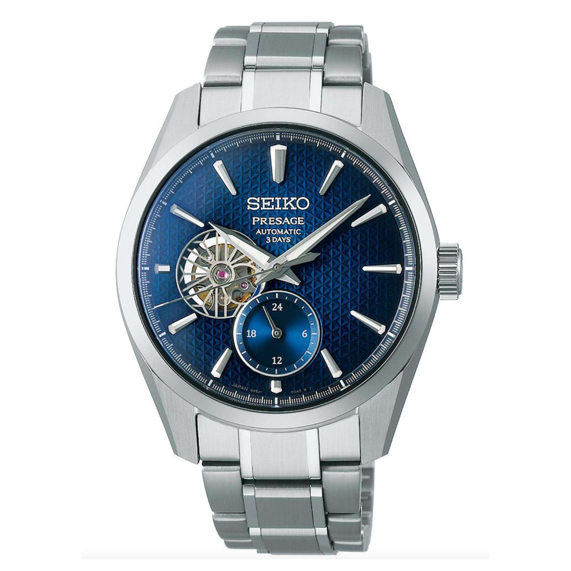 Seiko Presage ‘Ao’ Sharp-Edged Open Heart 3 Tage Automatik Blaues Zifferblatt Herren Uhr SPB417J1