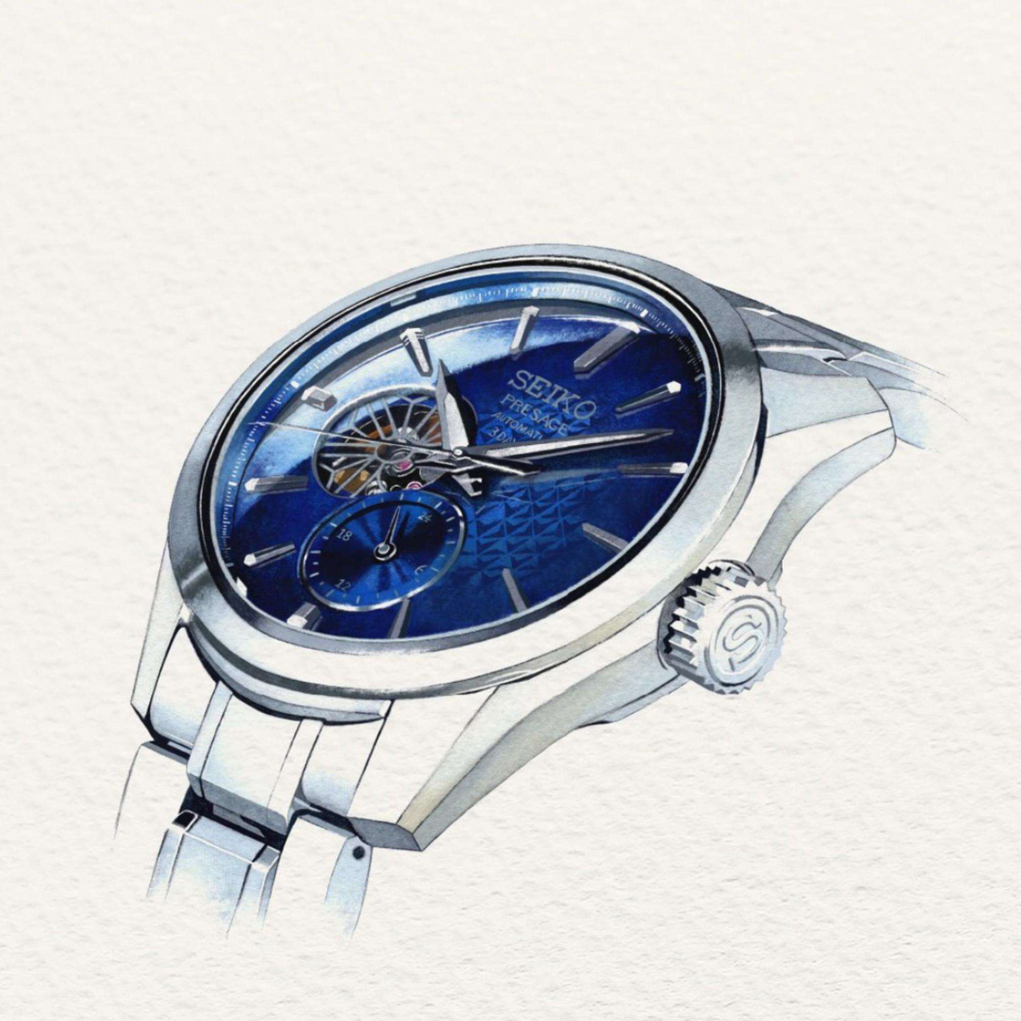 Seiko Presage ‘Ao’ Sharp-Edged Open Heart 3 Tage Automatik Blaues Zifferblatt Herren Uhr SPB417J1